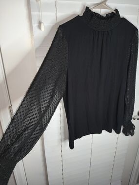 Talbots Women's Blouse Size S Black Long Sleeve Woven Sleeve Smocked Top EUC